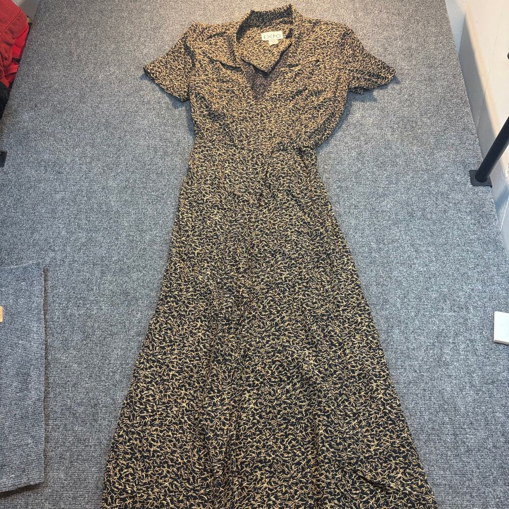 Expo Vintage Floral Short Sleeve Maxi Wrap Dress Tie Back Women 14 Black Tan USA